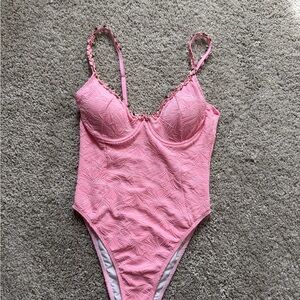Elegant Pink Lace One Piece Swimsuit with flower detail straps